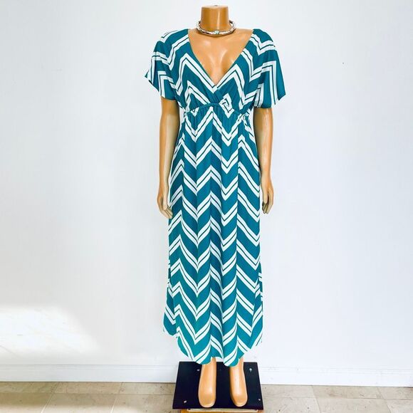 5th love XL Green White Chevron Striped Print Stretchy Short Sleeve  Maxi Dress - Picture 1 of 12